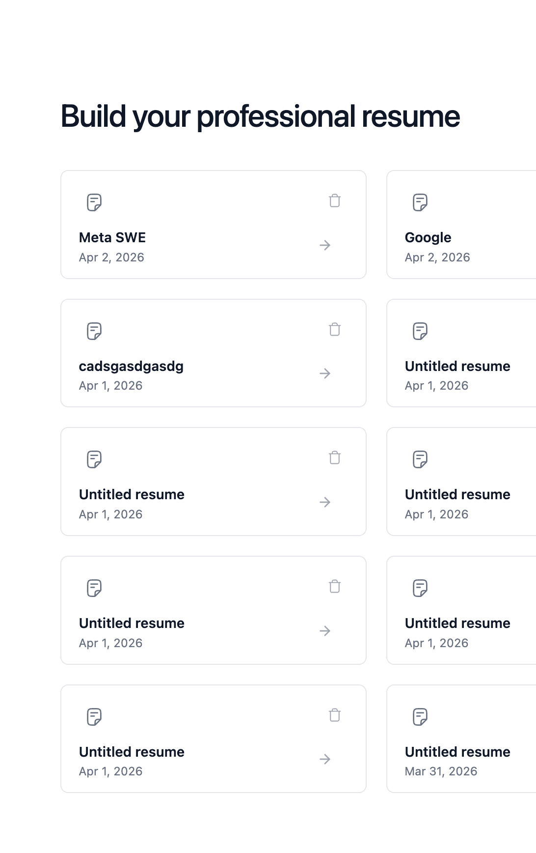 Screenshot of the resume dashboard